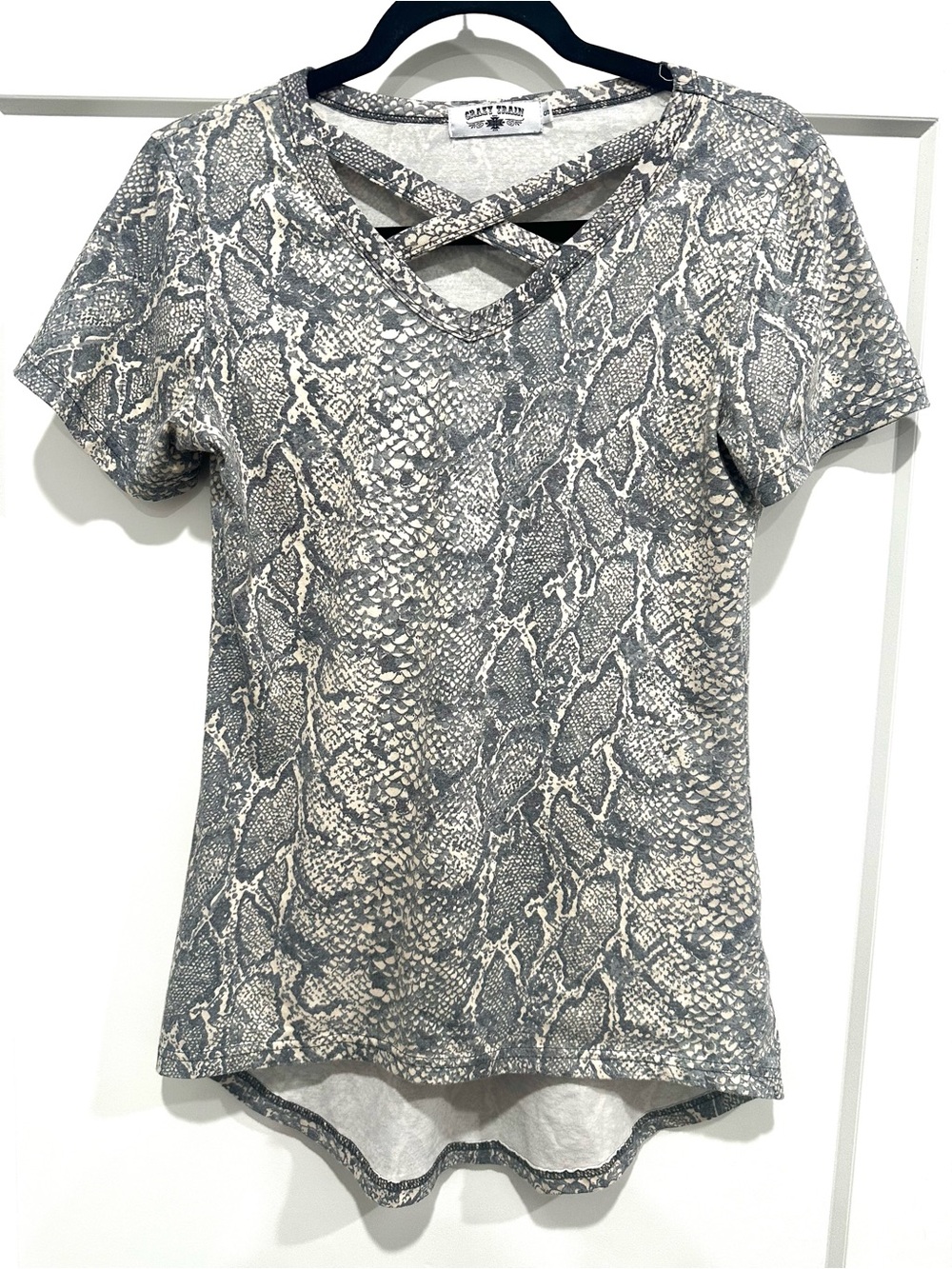 Crazy Train Gray Snake-Print Crisscross Short Sleeve Top